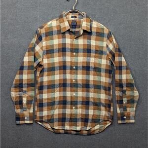 J Crew Flannel Shirt Mens Medium Classic Brown Blue Plaid Buffalo Check Neutrals